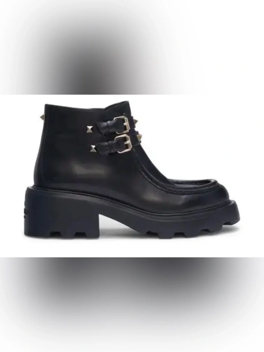 Valentino Garavani Black Leather Lug-Sole Ankle Boots with Studded Double Straps